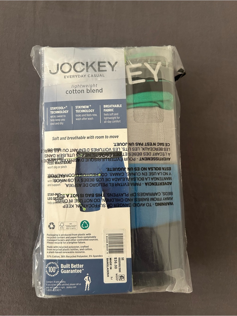 Jockey Men’s Cotton Blend Long-Leg Boxer Briefs – Blue & Green NWT - Picture 2 of 2